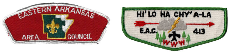 A photo of a shoulder patch from the former Eastern Arkansas Area Council and a lodge flap from the former Hi Lo Ha Chy A-La lodge 413